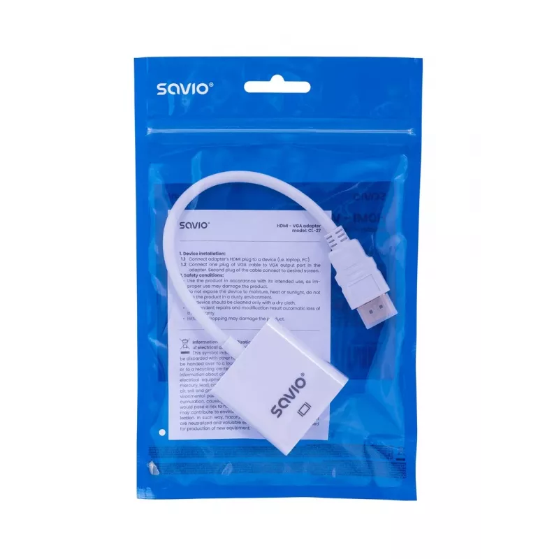 Savio CL-27B vaizdo kabelio adapteris 0.1 m HDMI Type A (Standartinis) VGA (D-Sub) Baltas