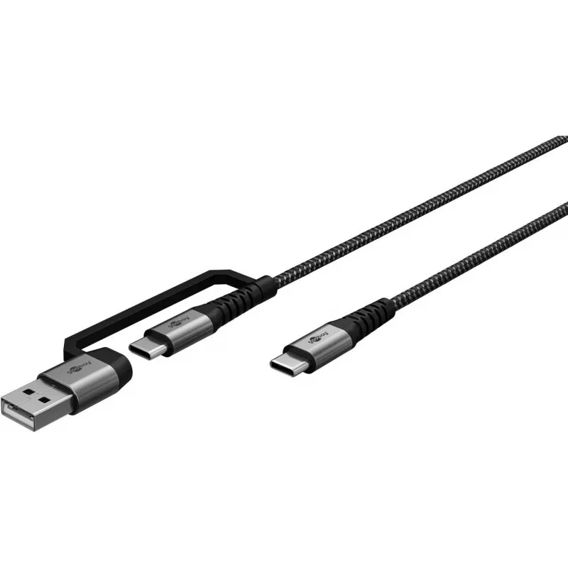 USB-C įkrovimo laidas WENTRONIC Goobay 2in1, 2 m, itin patvarus, kosminės pilkos/sidabrinės spalvos