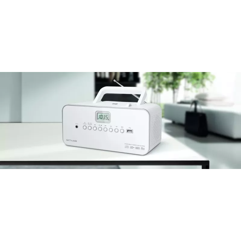 Nešiojama stereosistema Muse M-28RDW — CD/MP3 grotuvas, FM/MW imtuvas, 3W RMS, balta, 1,4 kg