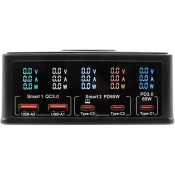 Daugiaportis įkroviklis Exsys EX-1106 160W, juodas, keli USB išvesties prievadai