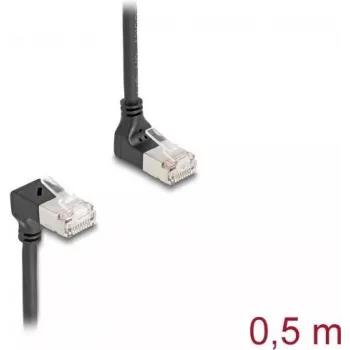 Tinklo kabelis DeLOCK RJ45 Cat.6A S/FTP plonas 90° 0,5 m juodas