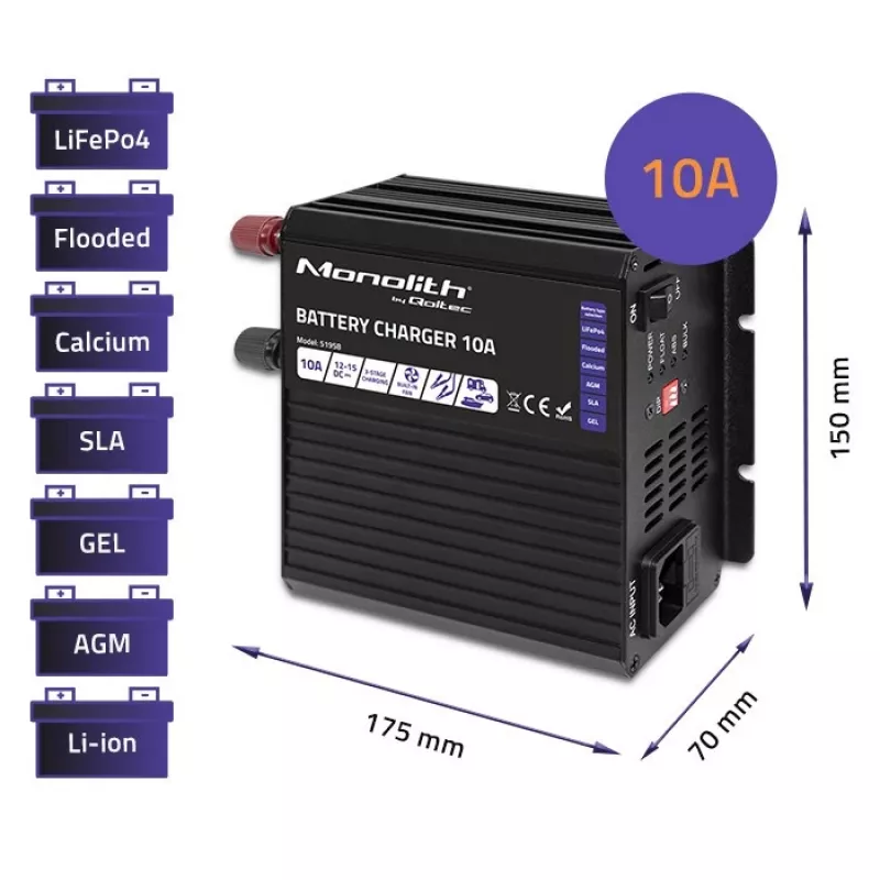 Qoltec Smart Monolith akumuliatorių įkroviklis, skirtas LiFePO4 AGM GEL SLA akumuliatoriams | 10A | 12V
