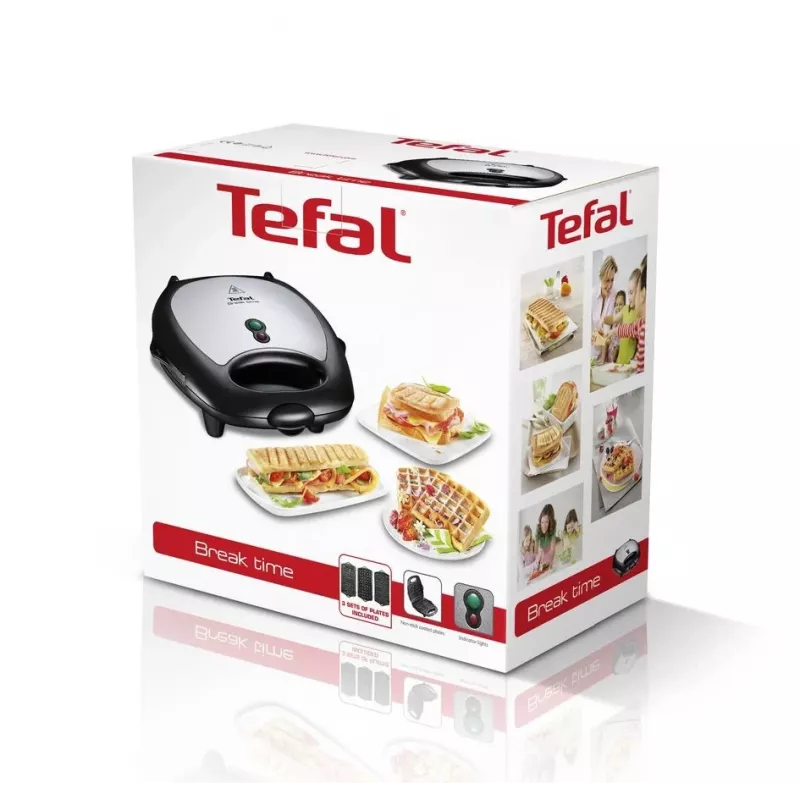 Sumuštinių keptuvas Tefal Break Time SW6148 — 2 sumuštiniams, nuimamos nepridegančios plokštės, laido laikymas, juoda/pilka