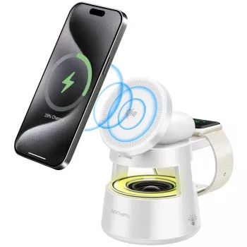 Belaidis įkroviklis 4smarts Qi2 Aura Sound baltas – Qi2 greitas belaidis įkrovimas, integruotas garsiakalbis