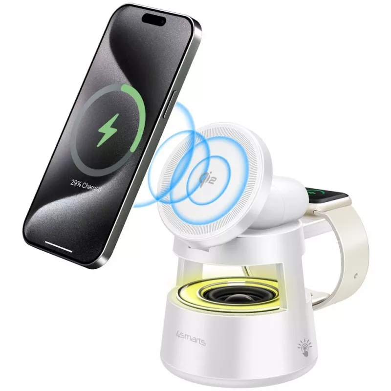 Belaidis įkroviklis 4smarts Qi2 Aura Sound baltas – Qi2 greitas belaidis įkrovimas, integruotas garsiakalbis