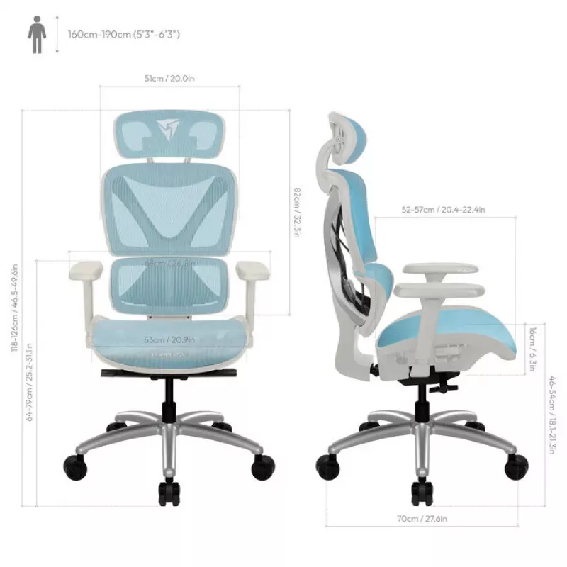 Ergonomiška biuro kėdė thunder x3 TEGC-3073102.B1 — baltos ir mėlynos spalvos apmušalai, reguliuojami porankiai, aukšta atlošas
