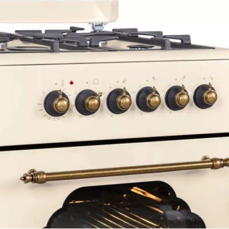 Dujinė-elektrinė viryklė MPM MPM-56-KRM-14, 56 cm, 4 dujų degikliai, elektrinė orkaitė, kreminė
