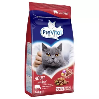 Sausas kačių ėdalas PREVITAL Adult su jautiena 1,4 kg — 30 % baltymų, 12 % riebalų, 3 % ląstelienos