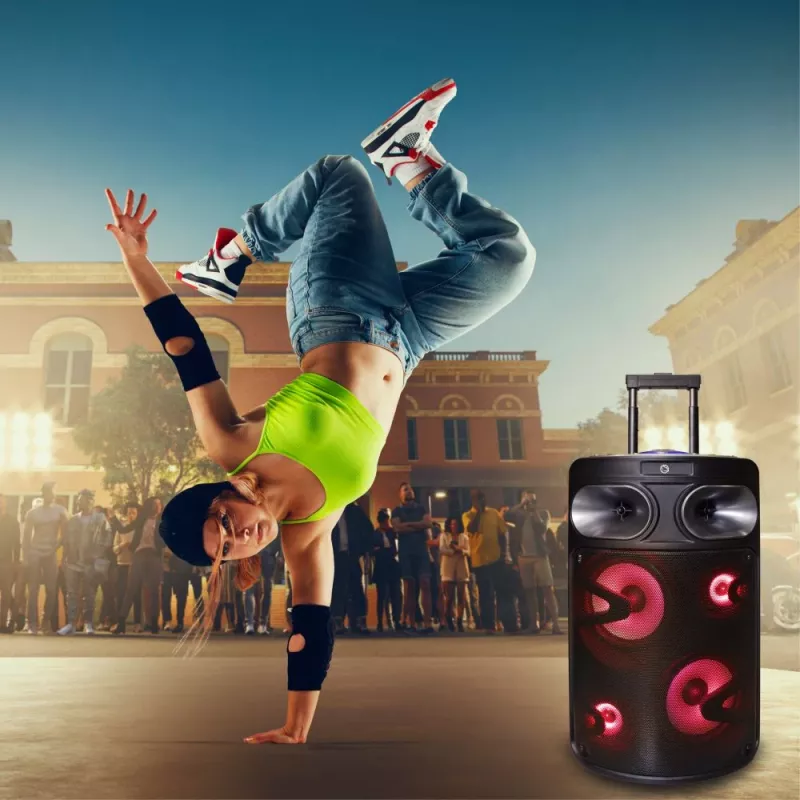 Nešiojamasis Bluetooth karaoke garsiakalbis MANTA SPK0803B140 140 W, maitinamas baterijomis, MIC/USB/microSD, FM, ekvalaizeris, ratukai