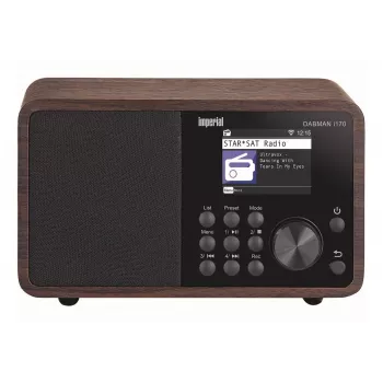 Nešiojamasis DAB+ radijas Imperial DABMAN i170 — FM/DAB+ imtuvas, 10 W RMS, 2,4 colio ekranas, 3,5 mm, USB-A, juoda/medžio spalva