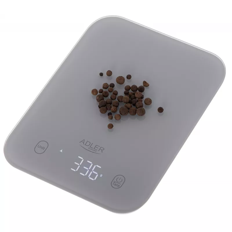 Virtuvinės svarstyklės Adler AD 3181, grūdintas stiklas, 10 kg talpa, 1 g tikslumas, LCD ekranas, pilka