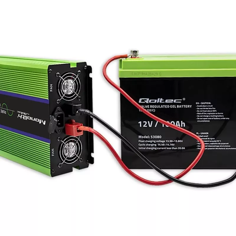 Qoltec Monolith įtampos keitiklis | Baterijos įkrovimas | UPS | 2000W | 4000W | 12V į 230V | Grynas sinusas | LCD juodai žalias