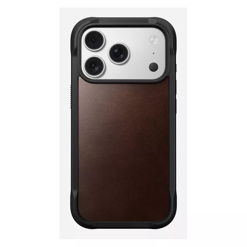 Mobiliojo telefono dėklas Nomad Rugged Leather Case, skirtas iPhone 17 Pro, 6,3 colio (16 cm), rudas, oda/TPU/aliuminis