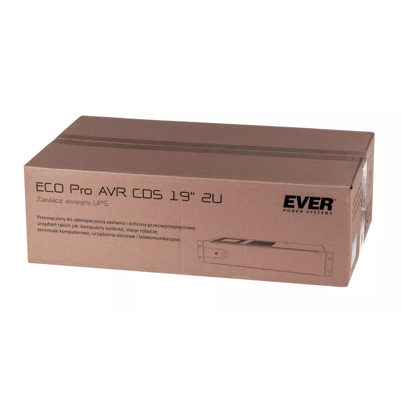 Į stovą montuojamas linijinės sąveikos UPS EVER ECO Pro 1200 AVR CDS, 1,2 kVA (650 W išvestis), 2U, 3× C13, USB-B, AVR, VRLA 12 V 5 Ah ×2