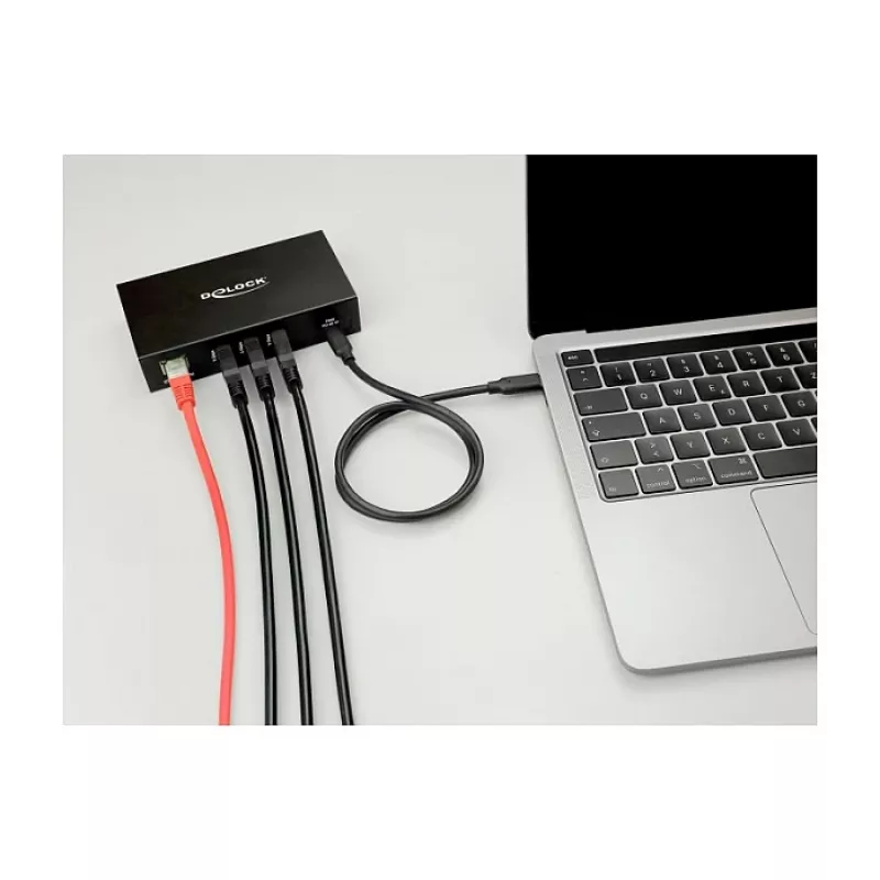 DELOCK USB šakotuvas 3 prievadų 5 Gbps su RJ45 Gigabit PoE++ ir USB Type-C prijungimu, metalinis korpusas, 1,5 kV izoliacija, juodas