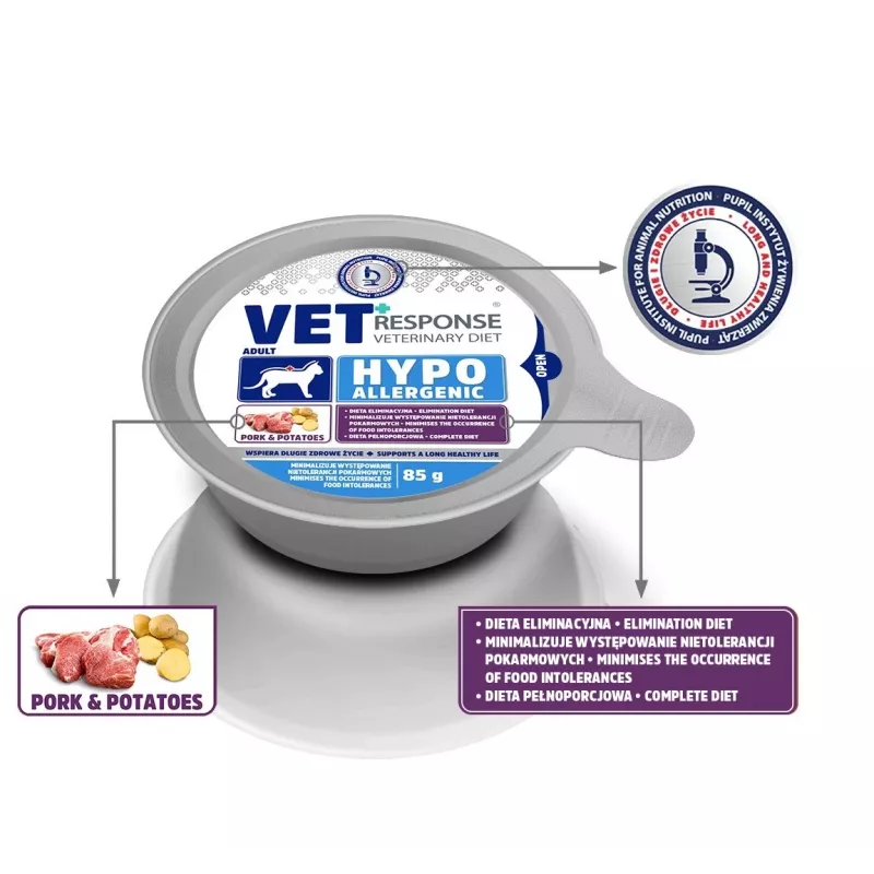 VET RESPONSE Hypoallergenic Kiauliena - šlapias kačių maistas - 85g