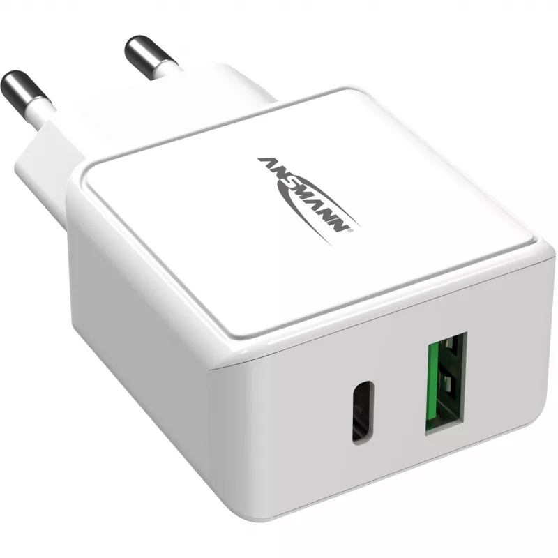 ANSMANN HC218PD - maitinimo blokas - 18 vatų - 3000 mA - PD, QC 3.0 - 2 išvesties prievadai (USB, USB-C) - balta (1001-0111)