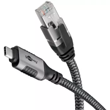 Ethernet laidas USB-C 3.2 Gen2 kištukas > RJ-45 kištukas, LAN adapteris juoda/sidabrinė, 2 metrai, pintas tekstilinis apvalkalas