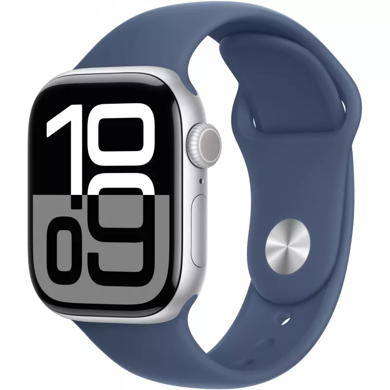 Apple Watch Series 10 aliuminio korpusas, GPS + korinis ryšys, 42 mm, sidabrinis, sportinis dirželis, džinsinis, M/L