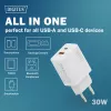 AC vidaus USB GaN įkroviklis DIGITUS DA-10301 — 30W, 1× USB-C, 1× USB-A, 100–240V, balta