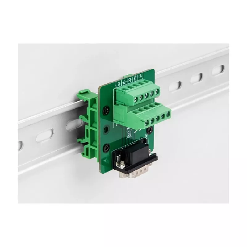 DeLOCK D-Sub 9 kontaktų kištukinis adapteris į gnybtų bloką, skirtą DIN bėgiui. Plotis 51 mm, gylis 58 mm, aukštis 30 mm
