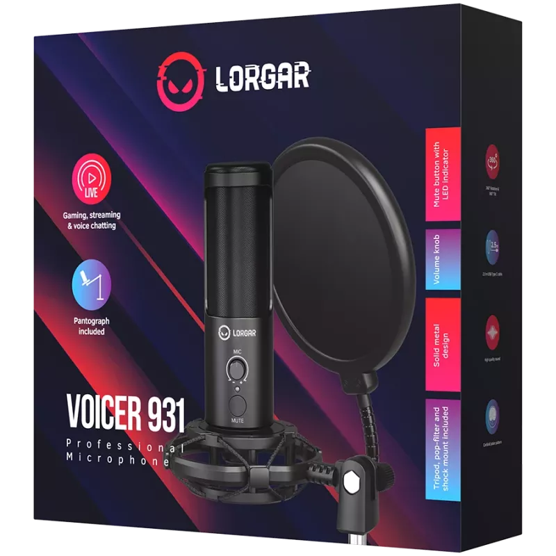 LORGAR Voicer 931, žaidimų mikrofonas, juodas, USB kondensatorinis mikrofonas su svirtiniu stovu, pop filtru, trikoju. Komplekte: 1* mikrofonas, 1* svirtinis stovas su C formos spaustuku, 1* amortizatorius
