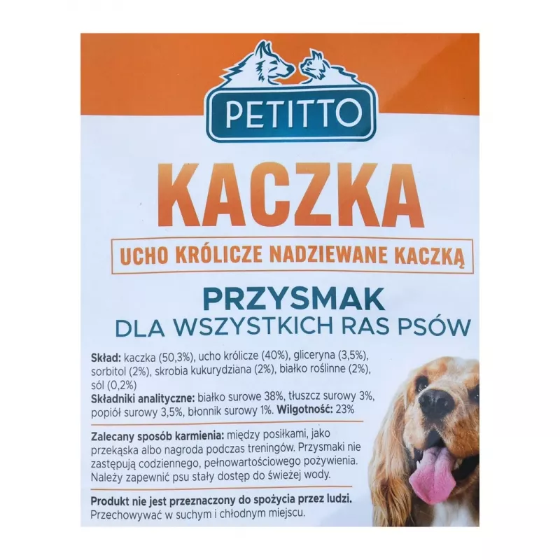 Šunų skanėstai PETITTO triušio ausis, įdaryta antiena, 500 g – vieno ingrediento hipoalerginis kramtomasis skanėstas