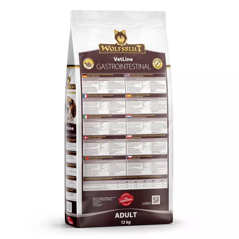 Sausas šunų maistas Wolfsblut VetLine Gastrointestinal Duck 12 kg — veterinarinė dieta virškinimo sveikatai, baltymai 20 %, riebalai 10 %