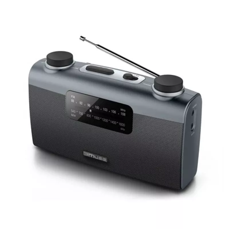 Nešiojamas radijas Muse M-058 R — AM/FM, sukamoji garsumo reguliavimo rankenėlė, baterijos arba kintamoji srovė (230 V, 50 Hz), juoda / pilka
