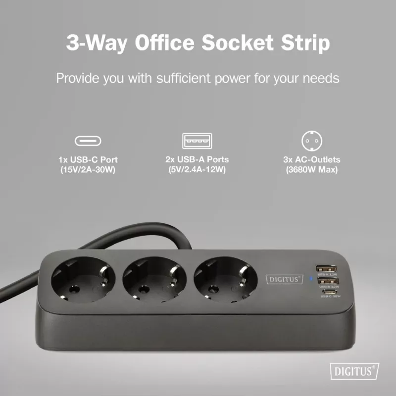 Maitinimo šakotuvas DIGITUS 3 lizdų su 2×USB-A ir 1×USB-C, 3 kintamosios srovės lizdai Tipas E/F, 1,5 m laidas, juodas