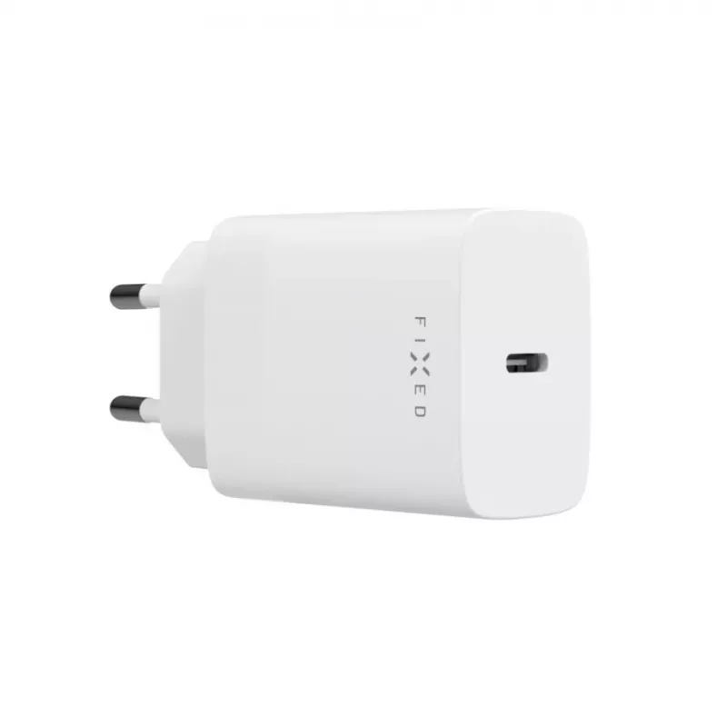USB-C kelioninis įkroviklis FIXED FIXC30N-C-WH — 30W kompaktiškas USB-C maitinimo adapteris, vieno prievado greitas įkrovimas