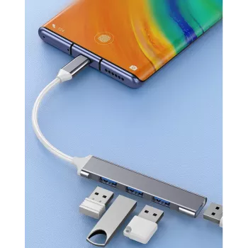 USB šakotuvas VAKOSS TC-4125X — 1× USB 3.0 Type-A, 3× USB 2.0 Type-A, Host: USB Type-C, sidabrinis