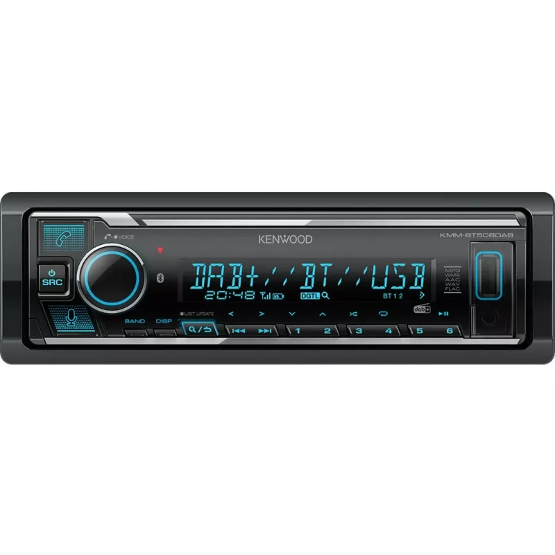 Elektronika KMM-BT508DAB, juoda, 1 DIN, 200 W, 50 W, 24 h, AAC, FLAC, MP3, WAV, WMA
