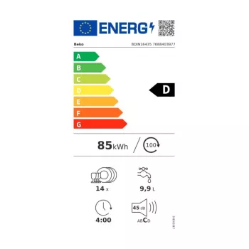 BEKO įmontuojama indaplovė BDIN16435, energijos klasė D, SelfDry, LED indikatorius