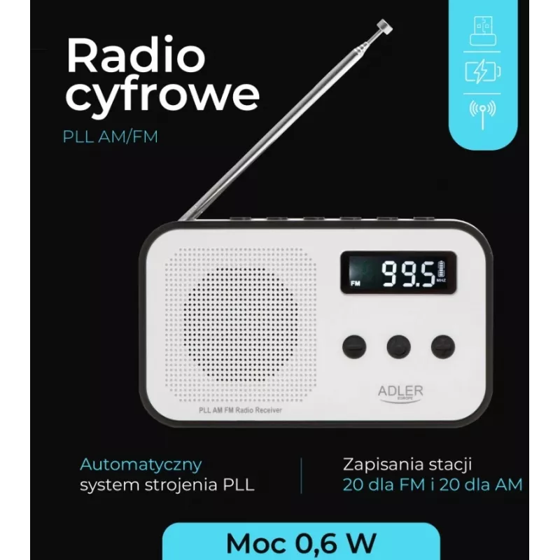 Nešiojamasis skaitmeninis radijas Adler AD 1907 — AM/FM, skaitmeninis imtuvas, žadintuvas, USB-C, 600 mAh baterija, LCD, 20 išsaugotų stočių, teleskopinė antena