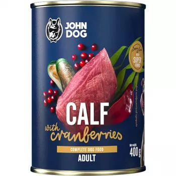 Šlapias šunų maistas john dog Berry Line — veršiena su spanguolėmis, 400 g, be grūdų, visavertis pašaras