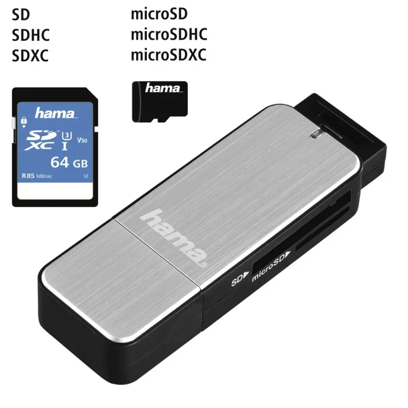 Hama 123900 kortelių skaitytuvas USB 3.2 Gen 1 (3.1 Gen 1) Juoda, Sidabrinė