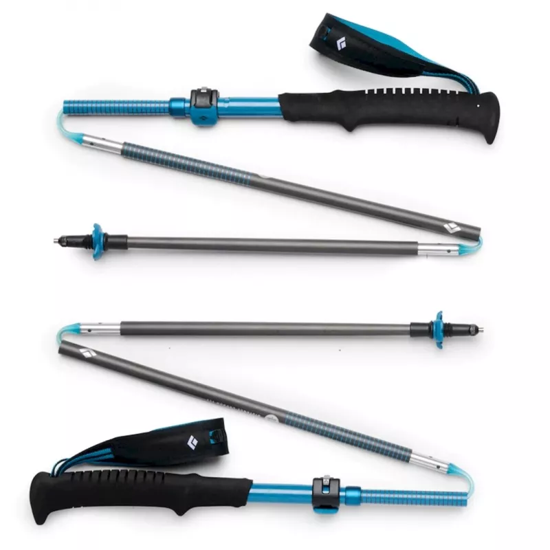 Trekking lazdos Juoda Diamond Distance Carbon FLZ — sulankstomos anglies pluošto, reguliuojamos 125–140 cm, 3 segmentų, 364 g, 40 cm sulankstytos