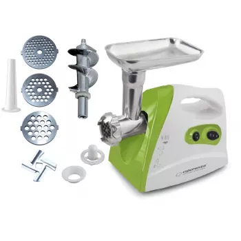 Mėsmalė ESPERANZA EKM012G — 600 W, nerūdijančio plieno ašmenys, dešrų antgalis, kebabų formavimo antgalis, reversinė funkcija, neslidžios kojelės, balta/žalia