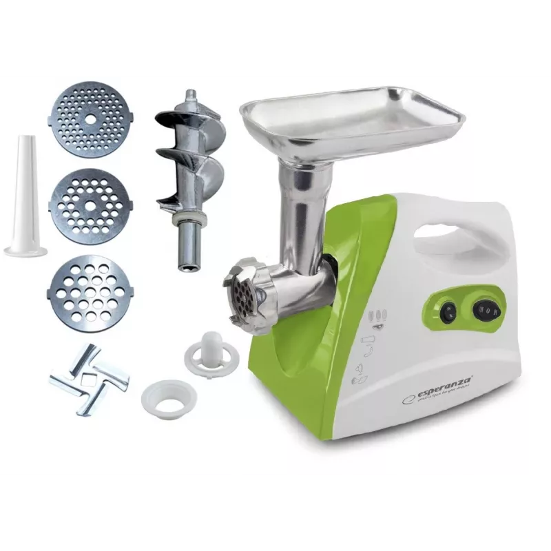 Mėsmalė ESPERANZA EKM012G — 600 W, nerūdijančio plieno ašmenys, dešrų antgalis, kebabų formavimo antgalis, reversinė funkcija, neslidžios kojelės, balta/žalia
