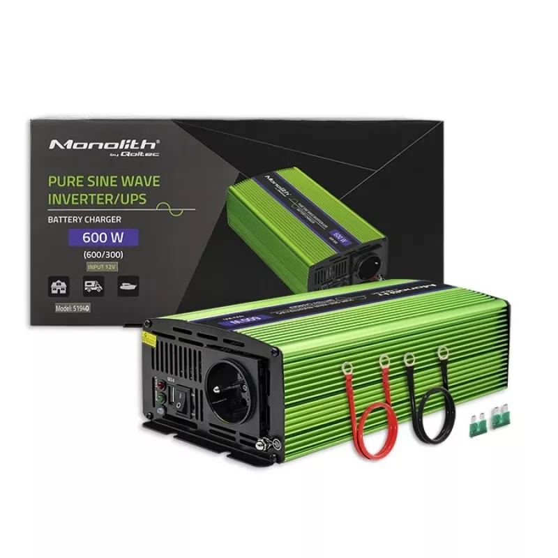 Automobilinis inverteris Qoltec Monolith 600 W Žalias 12 V