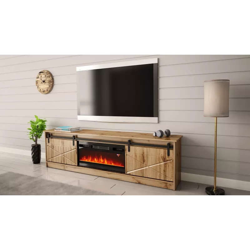 TV cabinet Cama Meble GRANERO su židinio spintele, Wotan ąžuolas, 2000×350×567 mm, 2 durelės, 2 lentynos
