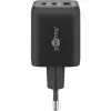 USB-C greitasis įkroviklis Nano, PD, GaN, 65 W, USB-C pintas laidas (juodas, 1x USB-A, 2x USB-C PD, greitasis įkrovimas 3.0, 1 metro laidas)