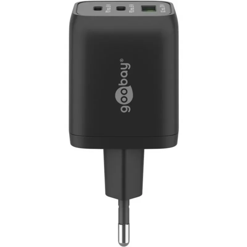 USB-C greitasis įkroviklis Nano, PD, GaN, 65 W, USB-C pintas laidas (juodas, 1x USB-A, 2x USB-C PD, greitasis įkrovimas 3.0, 1 metro laidas)