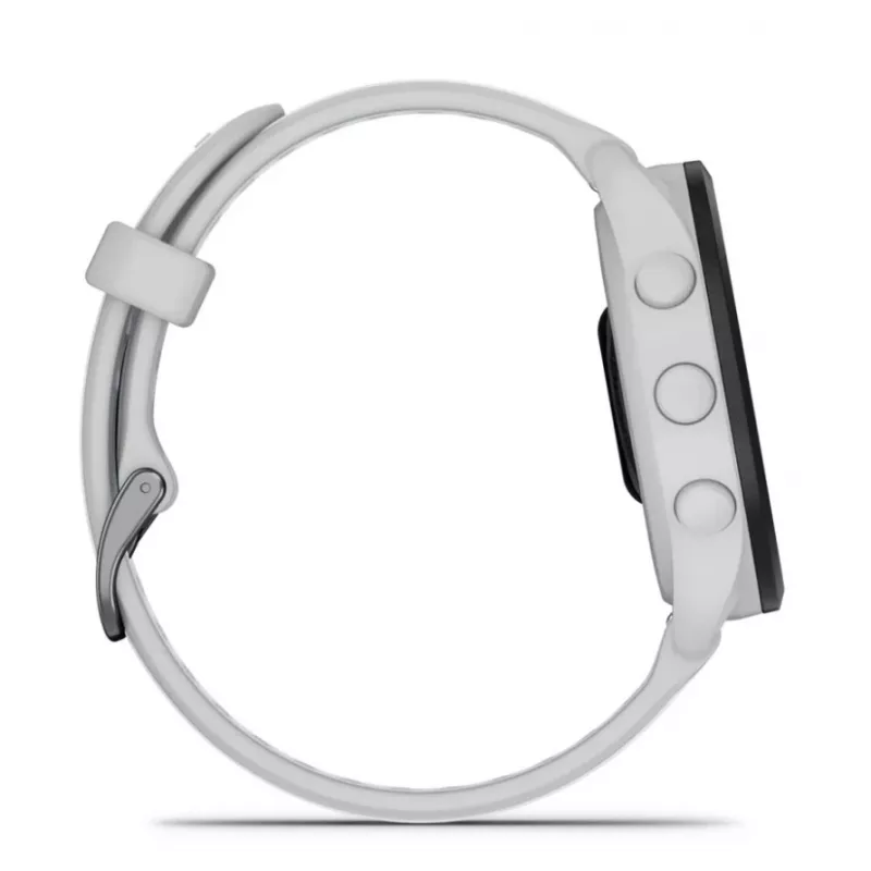 Išmanusis laikrodis GARMIN Forerunner 165 — GPS, AMOLED 1,2 colio, 4 GB, 5 ATM, 11 dienų baterija, pilkas korpusas, baltas dirželis