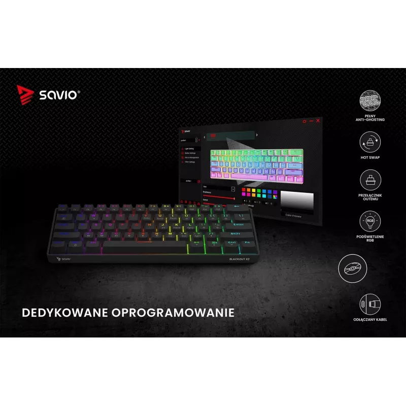 Mechaninė žaidimų klaviatūra SAVIO JuodaOUT X2 BROWN, 61 klavišų, 60 %, USB, QWERTY, RGB, Outemu Brown
