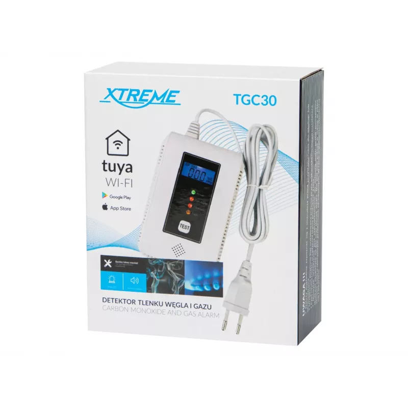 Anglies monoksido ir dujų detektorius BLOW TGC30 WiFi Tuya — LCD, 85 dB, laidinis, montuojamas ant paviršiaus, baltas