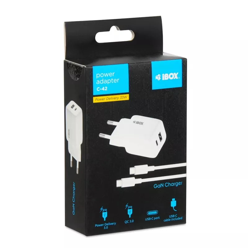 USB įkroviklis IBOX ILUC42W 42W (maks. 33W), 1×USB-C PD3.0, 1×USB-A QC3.0, 100–240V, baltas
