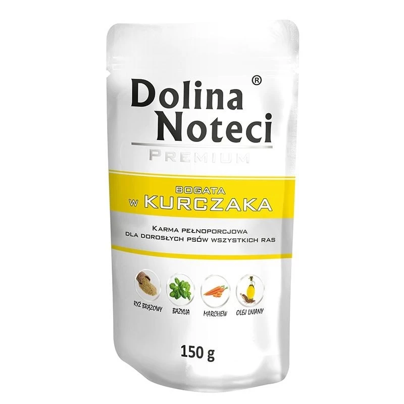 Šlapias šunų maistas Dolina Noteci Premium — vištiena, 150 g pakuotė, suaugusiems šunims, baltymai 11%, drėgmė 76%