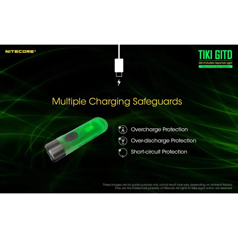 Raktų pakabuko žibintuvėlis Nitecore TIKI GITD pilkas — USB įkraunamas, 1 lm, 55 mm, 12 g, IP66